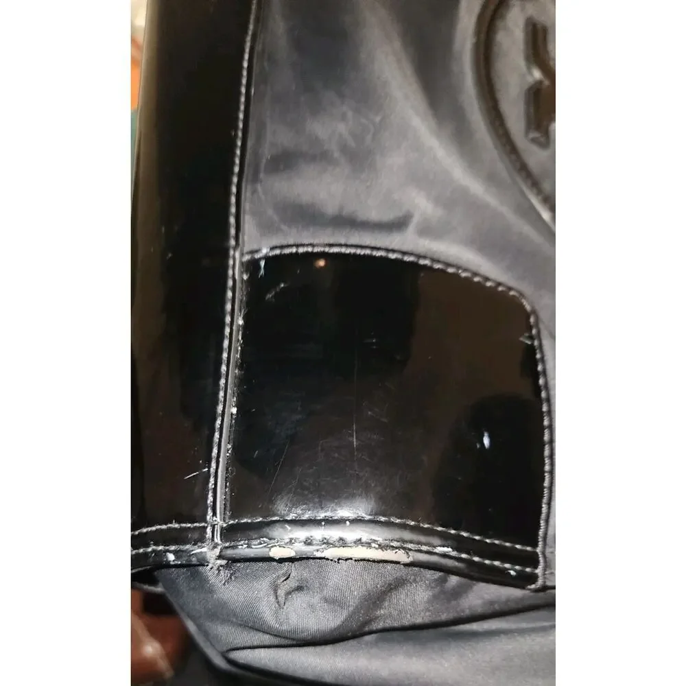 Tory Burch X2108 Black Patent Leather Nylon Large Tote Size 17x13x5 in